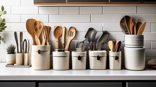 Create an image of a compact and organized kitchen counter with stackable utensil holders, showcasing how they can help maximize limited space in a small kitchen. Include a variety of utensils neatly stacked in the holders to demonstrate their practi