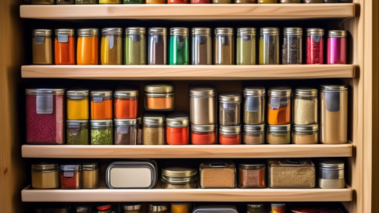 Create an image of a neatly organized fridge with a variety of colorful magnetic spice tins attached to the side. The tins should be labeled with different spices, creating a visually appealing and functional storage solution. Each tin should be easi