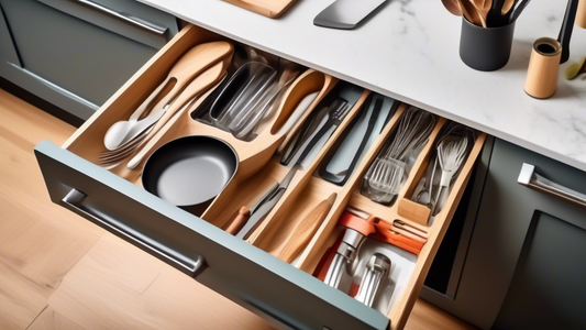 Create an image of a fully stocked kitchen drawer with a sliding drawer organizer, neatly arranged with various kitchen utensils, gadgets, and tools organized in separate compartments. The image should showcase the convenience, efficiency, and organi