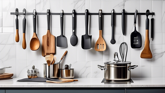 Create an image of a stylish kitchen interior with a sleek magnetic utensil strip, vertically mounted on the wall, holding a variety of kitchen utensils such as spatulas, ladles, and whisks. The utensils should be neatly organized and easily accessib