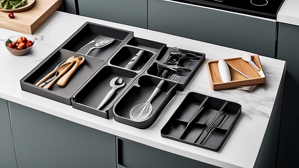 Create an image of a sleek and modern kitchen countertop with various utensil organizers, each with its own lid. The organizers should be of different sizes, shapes, and materials, ranging from minimalist to intricate designs, all neatly arranged and