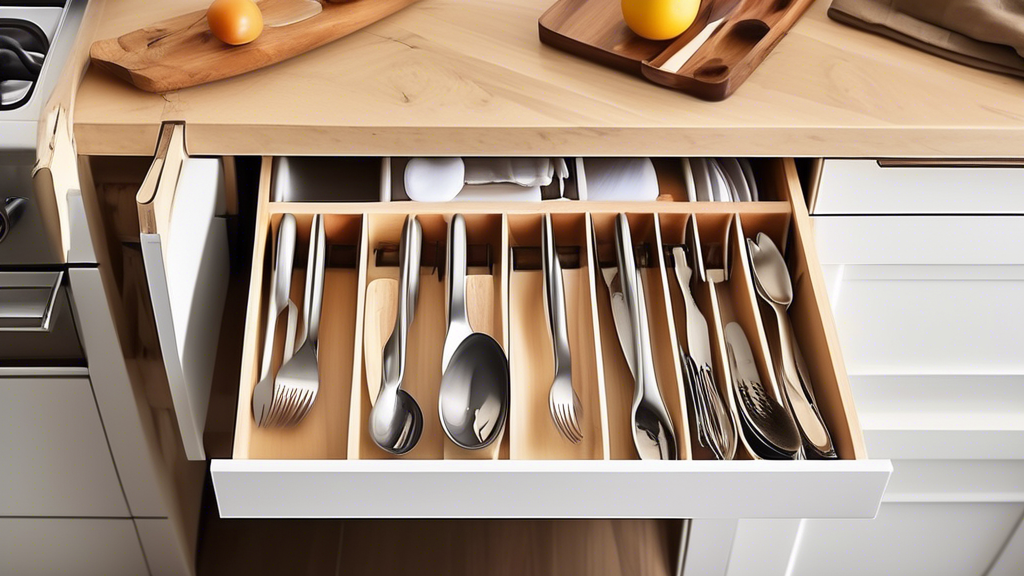 Create an image of a narrow drawer in a kitchen, neatly organized with an adjustable utensil rack that makes organizing utensils easy and efficient. The image should showcase various utensils such as spoons, forks, and knives neatly arranged in the d