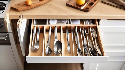 Create an image of a narrow drawer in a kitchen, neatly organized with an adjustable utensil rack that makes organizing utensils easy and efficient. The image should showcase various utensils such as spoons, forks, and knives neatly arranged in the d