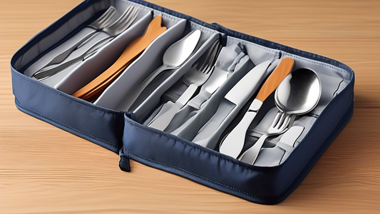 Create an image of a sleek and compact collapsible cutlery organizer designed for on-the-go dining. The organizer should be shown in a travel-friendly setting, such as on a plane tray table or outdoor picnic, showcasing its convenience and portabilit