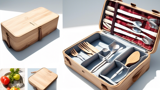 Create an image of a stylish and practical picnic utensil case designed for easy and convenient on-the-go dining. The case should be compact, organized, and include space for utensils such as forks, knifes, spoons, and napkins. The design should be m