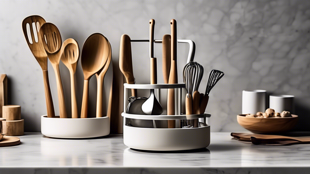 Create an image of a sleek, modern kitchen countertop with five different tiered utensil stands, each uniquely designed and stylishly showcased. Each stand should feature a variety of utensils such as spatulas, ladles, whisks, and tongs, creating an 