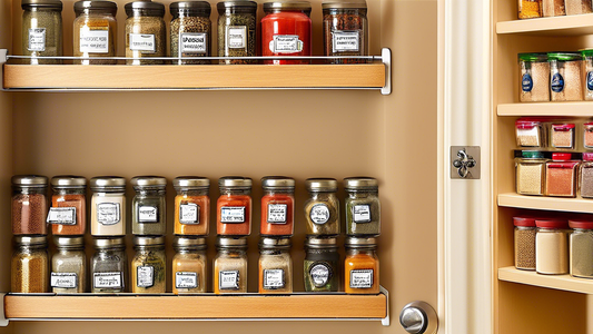 Create an image of a closet door with an expandable spice rack mounted on it, showcasing various jars of spices neatly organized and easily accessible. The spice rack should be designed to fit securely on the door without taking up much space, allowi