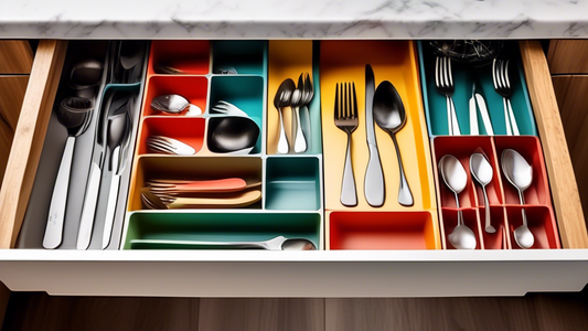 Create an image of a small kitchen drawer divided into seven sections, each section labeled for different types of cutlery with space-saving dividers that are cleverly designed to maximize storage efficiency.