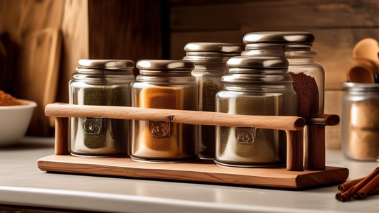 Create an image of a rustic farmhouse spice jar holder, where the warm tones of wood and the unique craftsmanship exude charm and elegance. Displayed in a cozy kitchen setting, highlight the details of the holder that add a distinct aesthetic appeal,