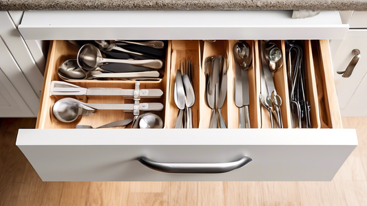 Create an image showing a neatly organized deep drawer with an expandable utensil tray, showcasing how it maximizes storage space and keeps kitchen utensils organized and easily accessible.