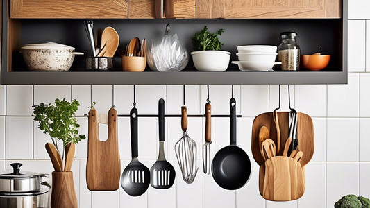 Create an image of a stylish, organized kitchen featuring a hanging utensil basket filled with cooking tools. The basket should be suspended from a sleek, modern rack above a clean, clutter-free countertop. Include a variety of utensils like spatulas