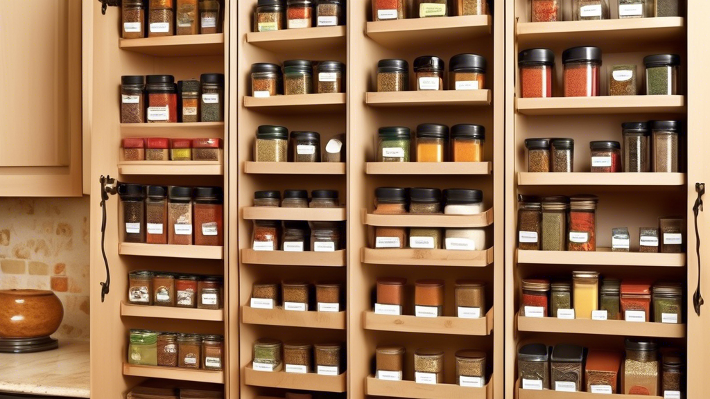 Create an image of a kitchen cabinet with a pull-out drawer tray specifically designed to organize a variety of spice containers neatly and efficiently. The tray should be fully pulled out, showcasing the neatly arranged spices in their designated sl