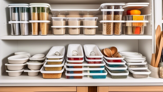 Create an image of a neatly organized pantry shelf filled with stackable utensil trays in a variety of sizes and colors, showcasing how they maximize storage space and keep items easily accessible. The image should emphasize the benefits of using sta