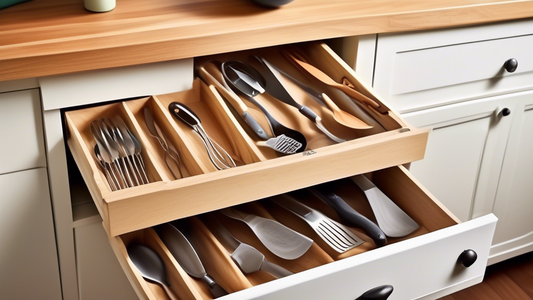 Create an image of a neatly organized kitchen drawer with an expandable utensil tray in use. The tray should be filled with various kitchen utensils like spatulas, ladles, whisks, and knives, all neatly arranged and easily accessible. The background 