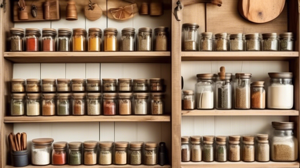 Create an image of a rustic farmhouse kitchen with shelves filled with various spice jars neatly organized in budget-friendly spice jar holders. The holders should be aesthetically pleasing and functional, enhancing the overall farmhouse kitchen deco