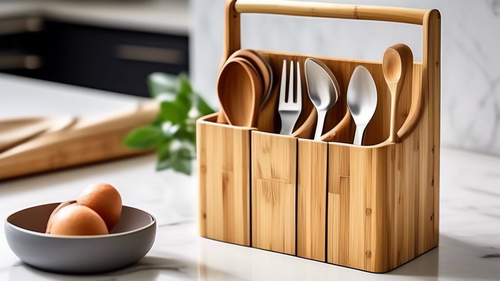 Create an image of a stylish and eco-friendly bamboo utensil caddy, showcasing its sleek design and functionality. The caddy should be filled with various kitchen utensils, emphasizing its practical use while also highlighting its eco-friendly materi