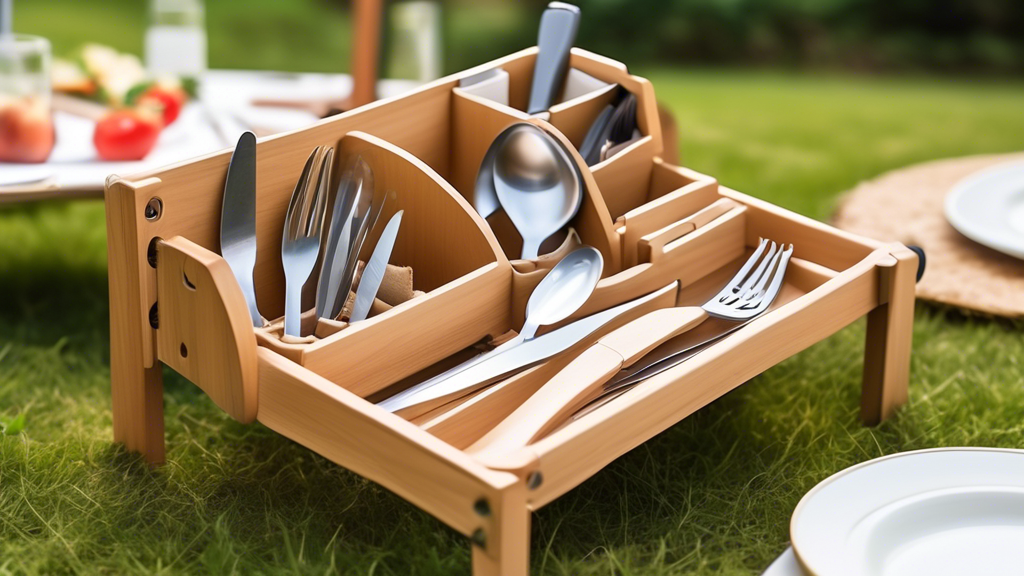 Create an image of a foldable utensil stand designed specifically for outdoor dining, showcasing its compact and portable design that makes it perfect for picnics, camping, and other outdoor activities. The image should highlight the versatility, dur