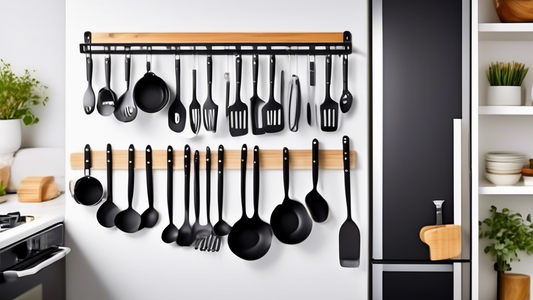 Create an image of a kitchen with an over-the-door utensil rack installed, showcasing various kitchen utensils neatly and efficiently organized on the rack, demonstrating a clever and space-saving storage solution.