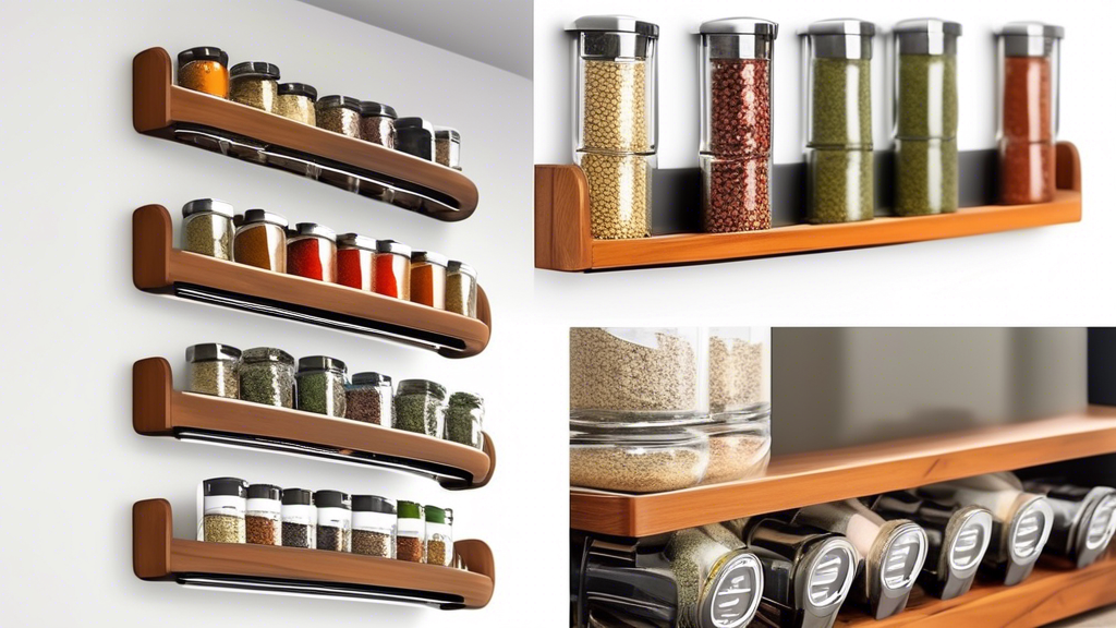 Create an image of a modern, innovative spice rack designed for tight spaces. The spice rack should feature sleek, space-saving elements such as adjustable shelves, rotating tiers, and a compact design. It should be stylish and practical, showcasing 