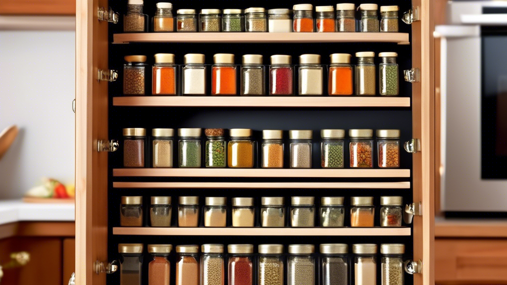 Create an image of a kitchen interior with a custom-built spice rack cabinet insert, showcasing its organization, space-saving capabilities, and convenience. The image should highlight the easy access to various spices, neat arrangement, and efficien