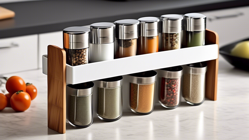 Create an image of a compact and sleek space-saving spice rack and utensil holder, designed for efficient kitchen organization. The image should showcase a modern, minimalist design with multiple compartments for storing various spices and utensils, 
