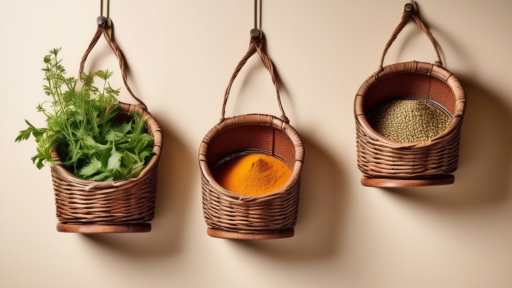 Create an image of three different hanging spice baskets, each showcasing a unique design and style, hanging on a kitchen wall. The baskets should be organized neatly and filled with various spice jars, adding a touch of elegance and efficiency to ki