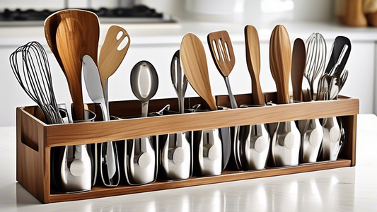 Create an image of a sleek and modern utensil caddy designed to neatly organize kitchen tools like spatulas, ladles, whisks, and spoons. The caddy should have compartments for different utensils, with labels for easy identification. The design should