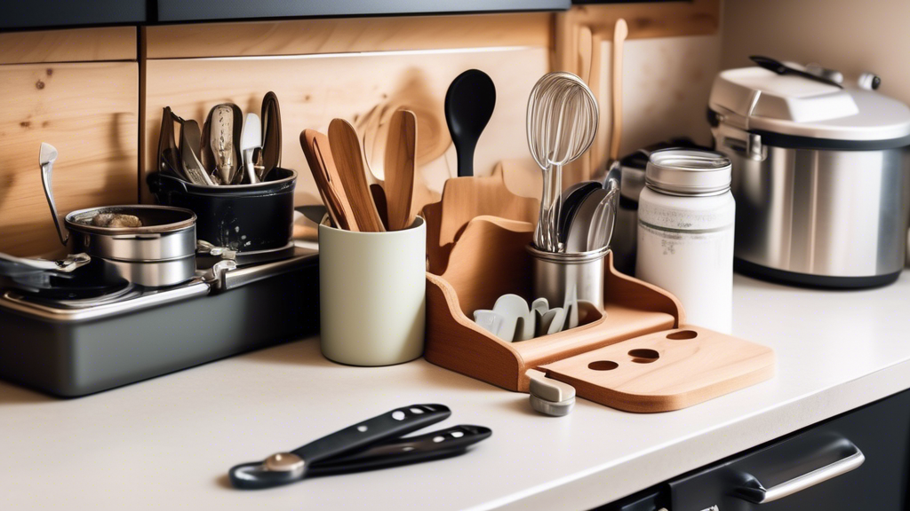 Create an image of a neatly organized RV kitchen counter, featuring a compact utensil box with various kitchen tools such as spatulas, tongs, measuring spoons, and a can opener. The utensil box is conveniently placed next to a stove top with a small 