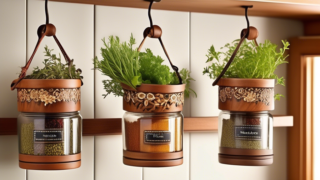 Create an image of a unique storage solution for herbs and spices in the kitchen: a beautiful hanging spice basket that showcases a variety of colorful herbs and spices in small, organized jars. The basket is intricately designed, with hooks for each