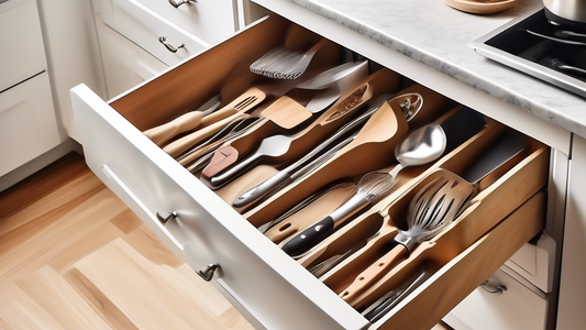 Create an image of a well-organized kitchen utensil drawer with a space-saving drawer divider that neatly separates and stores an assortment of cooking tools like spatulas, ladles, whisks, and knives. The image should showcase how the divider maximiz