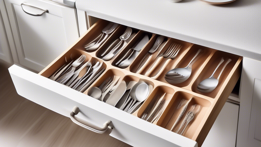 Create an image of a neatly organized kitchen drawer filled with stackable cutlery holders, each compartment neatly holding different types of cutlery such as spoons, forks, and knives. The holders are transparent or in a neutral color, making it eas