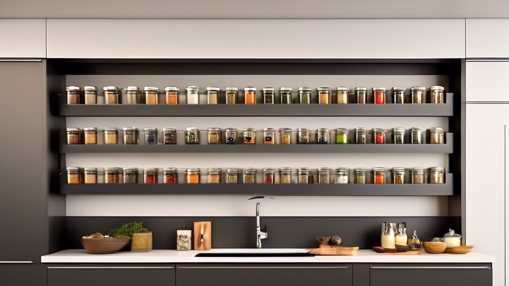 Create an image of a modern kitchen with a sleek and stylish wall-mounted spice rack showcasing a variety of neatly organized and labeled spice jars. The spice rack should be mounted on a beautiful backsplash, adding functionality and elegance to the