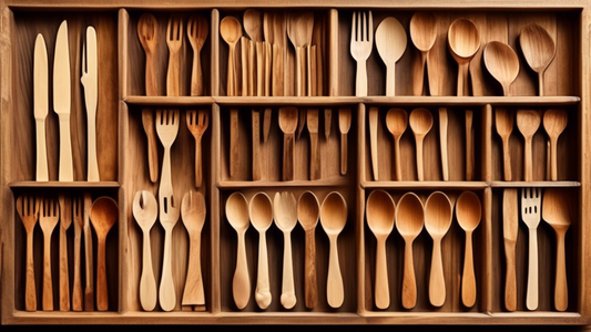 Create an image of a beautifully organized rustic wooden cutlery divider insert showcasing various wooden cutlery pieces neatly arranged within different compartments. The image should highlight the natural, warm tones of the wooden materials and exu