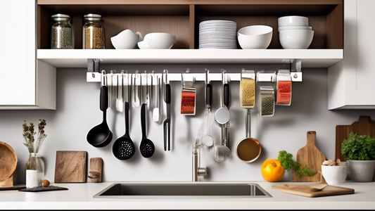 Create an image of a modern kitchen with sleek under-cabinet spice rack organizers featuring hooks for hanging utensils or kitchen towels. Each organizer should be labeled with a number from 1 to 10 to represent the top picks. The image should showca