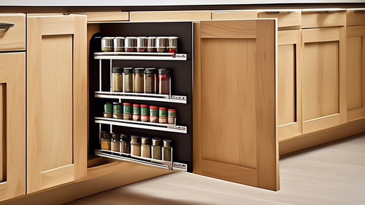 Create an image of a compact kitchen with limited counter space. Show a sleek, modern sliding spice rack that is seamlessly integrated into the cabinetry, allowing for easy access and maximizing storage efficiency. The spice rack should be filled wit