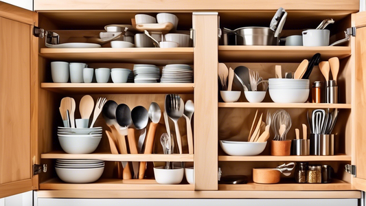 Create an image of a well-organized cabinet with stackable utensil holders holding various kitchen tools such as spatulas, ladles, and spoons. The holders should be neatly stacked, maximizing space and promoting efficient organization in the kitchen.