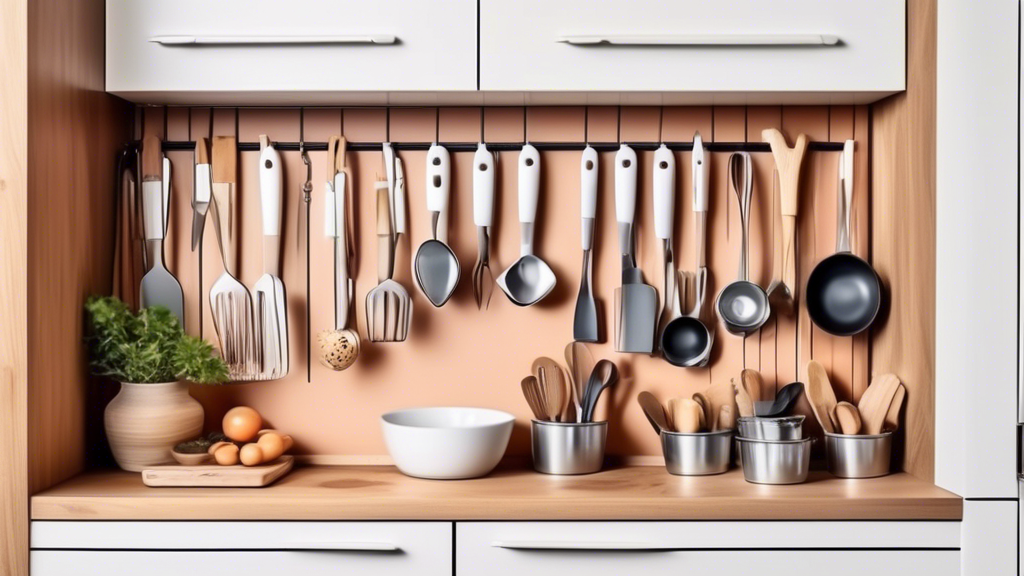 Create an image of a modern and organized kitchen with different creative under cabinet utensil storage solutions. Show various options such as pull-out drawers, hanging racks, and magnetic strips to inspire efficient and stylish kitchen organization