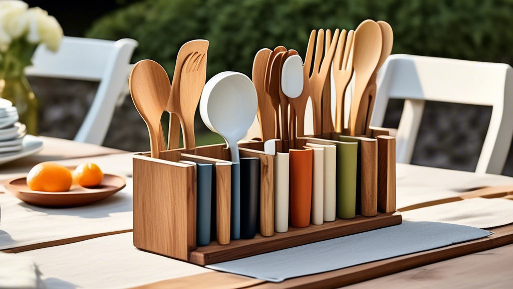 Create an image of a stylish, compact utensil stand designed for outdoor dining, showcasing a variety of utensils like forks, knives, spoons, and even chopsticks neatly organized and easily accessible. The background setting should depict a serene ou