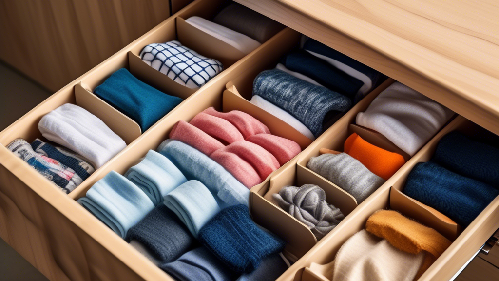 Create an image of a neatly organized drawer with slotted dividers. Show various items such as socks, undergarments, accessories, and small clothing items neatly separated and organized within the drawer using the slotted dividers. The image should h