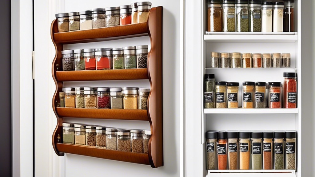 Create an image of a sleek, modern expandable spice rack attached to the inside of a closet door with various spices neatly organized and easily accessible. The design should showcase the convenience and space-saving benefits of using a spice rack in