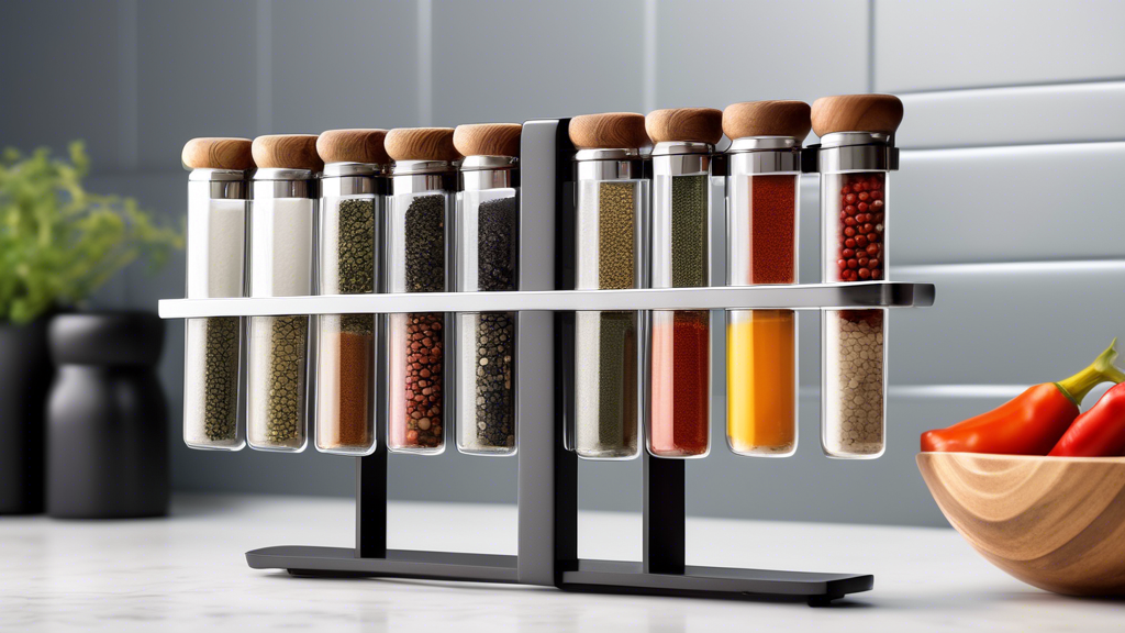 Please generate an image of a convenient spice rack with measuring spoons embedded in the design, showcasing a sleek and modern aesthetic. The spice rack should be easily accessible and organized, with labeled compartments for various spices and herb