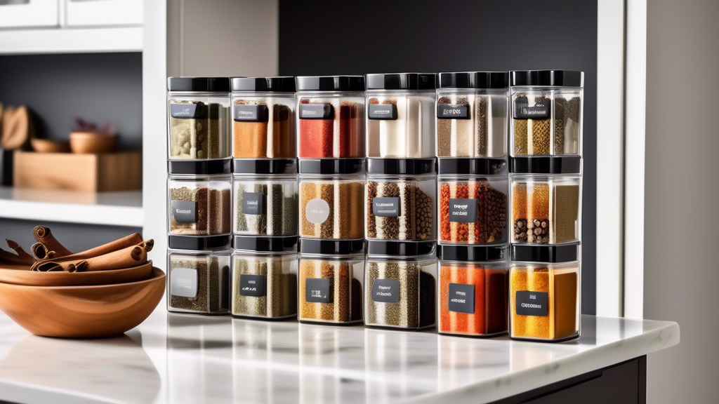 Create an image of a neatly organized kitchen countertop filled with stackable spice storage containers set. Each container should be labeled with a different spice name and arranged in a visually pleasing manner. The containers should be clear or tr