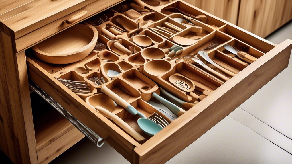 Create an image of a beautifully organized kitchen drawer filled with various bamboo utensil organizers, showcasing a variety of sizes and styles to inspire an efficient and aesthetically pleasing kitchen organization setup.