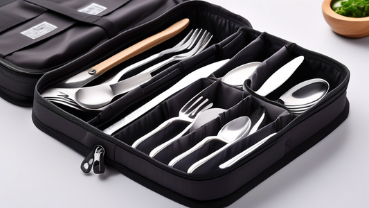 Create an image of a stylish and compact collapsible cutlery organizer specifically designed for travel. The organizer should feature multiple compartments for forks, knives, spoons, and other utensils, with a foldable design that allows it to easily