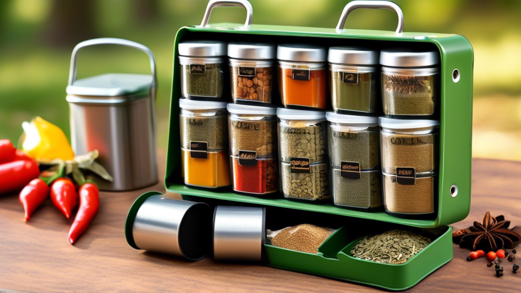 Create an image of a compact and portable spice caddy designed specifically for camping trips, showcasing a variety of essential spices neatly organized and ready to use in the great outdoors. The caddy should be easy to carry, secure, and efficient 