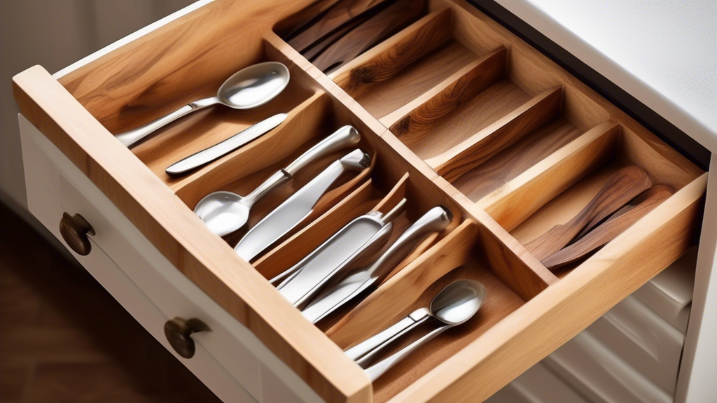 Create an image of a beautifully organized and stylish cutlery drawer with a rustic wooden divider insert. The image should showcase a variety of cutlery neatly arranged in sections, with the focus on the natural and elegant aesthetic of the wooden d