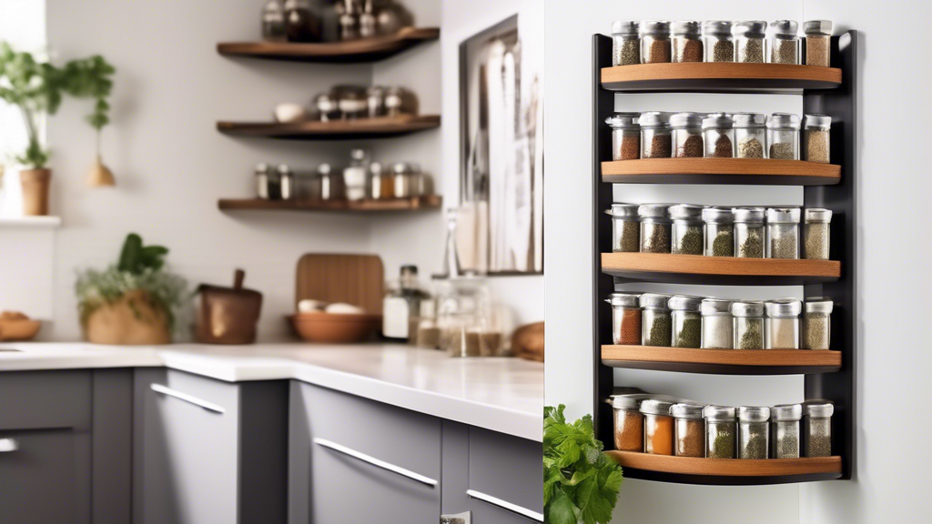 Create an image of a corner spice rack in a cozy kitchen setting, showcasing how it maximizes space with its innovative design. The spice rack should be neatly organized with various spices and herbs, demonstrating both functionality and aesthetics. 