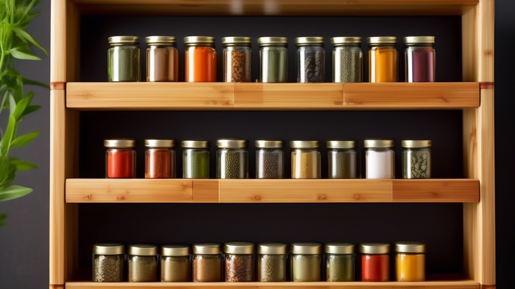 Create an image of a sleek and modern bamboo spice rack shelf, filled with various jars of colorful spices and herbs, showcasing a stylish and environmentally friendly storage solution for a kitchen. The image should highlight the natural beauty of t