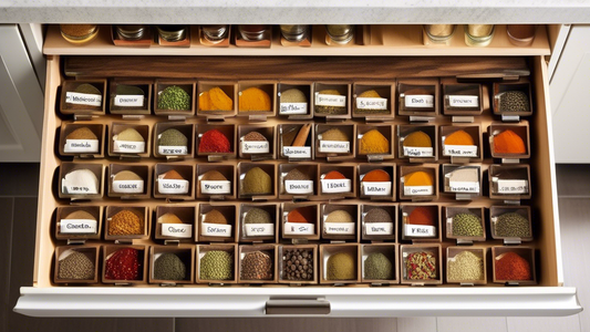 Create an image of a well-organized spice drawer with custom-designed trays for each spice, highlighting the convenience and efficiency of utilizing spice drawer organizer trays. Show a variety of spices neatly arranged in the trays, with labels for 