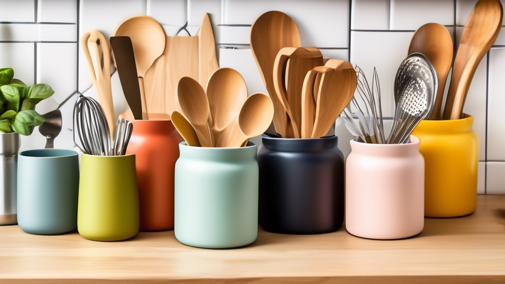 Create an image of a beautifully organized kitchen counter with a variety of budget-friendly utensil holders in different styles and colors, showcasing how they can help keep a kitchen tidy and clutter-free.